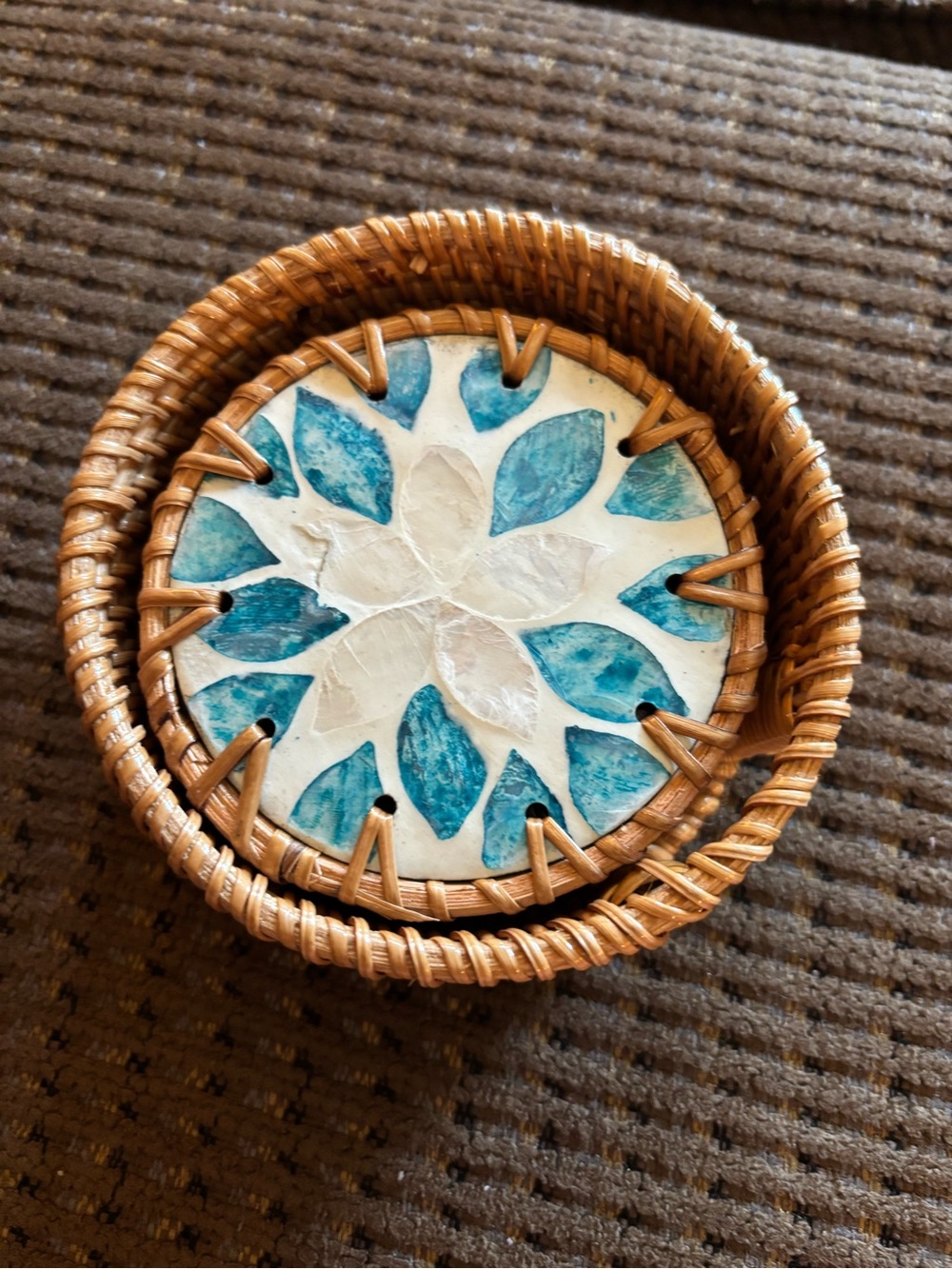 handwoven rattan coaster set of 6 mother-of-pearl floral mosaic inlay